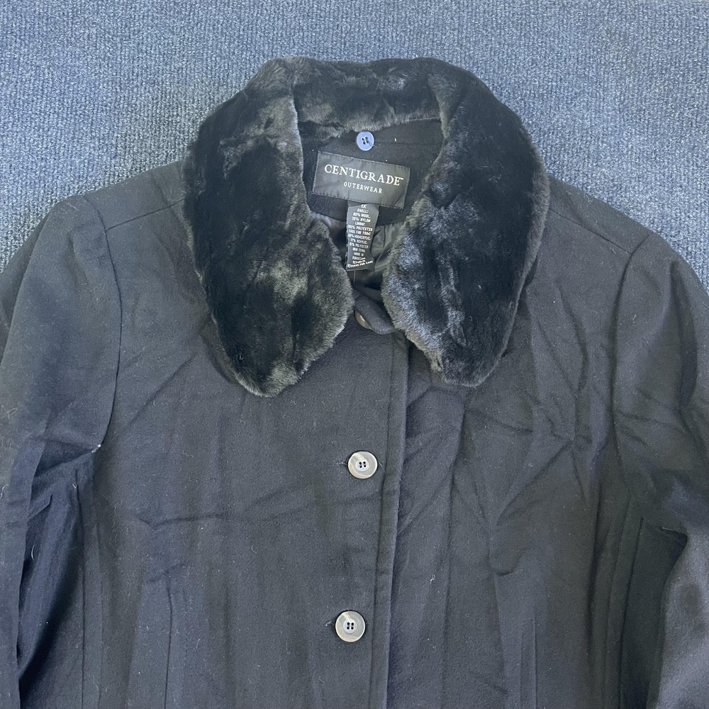 Centigrade Coat Womens XL Black Wool Faux Fur Collar Button Front Overcoat